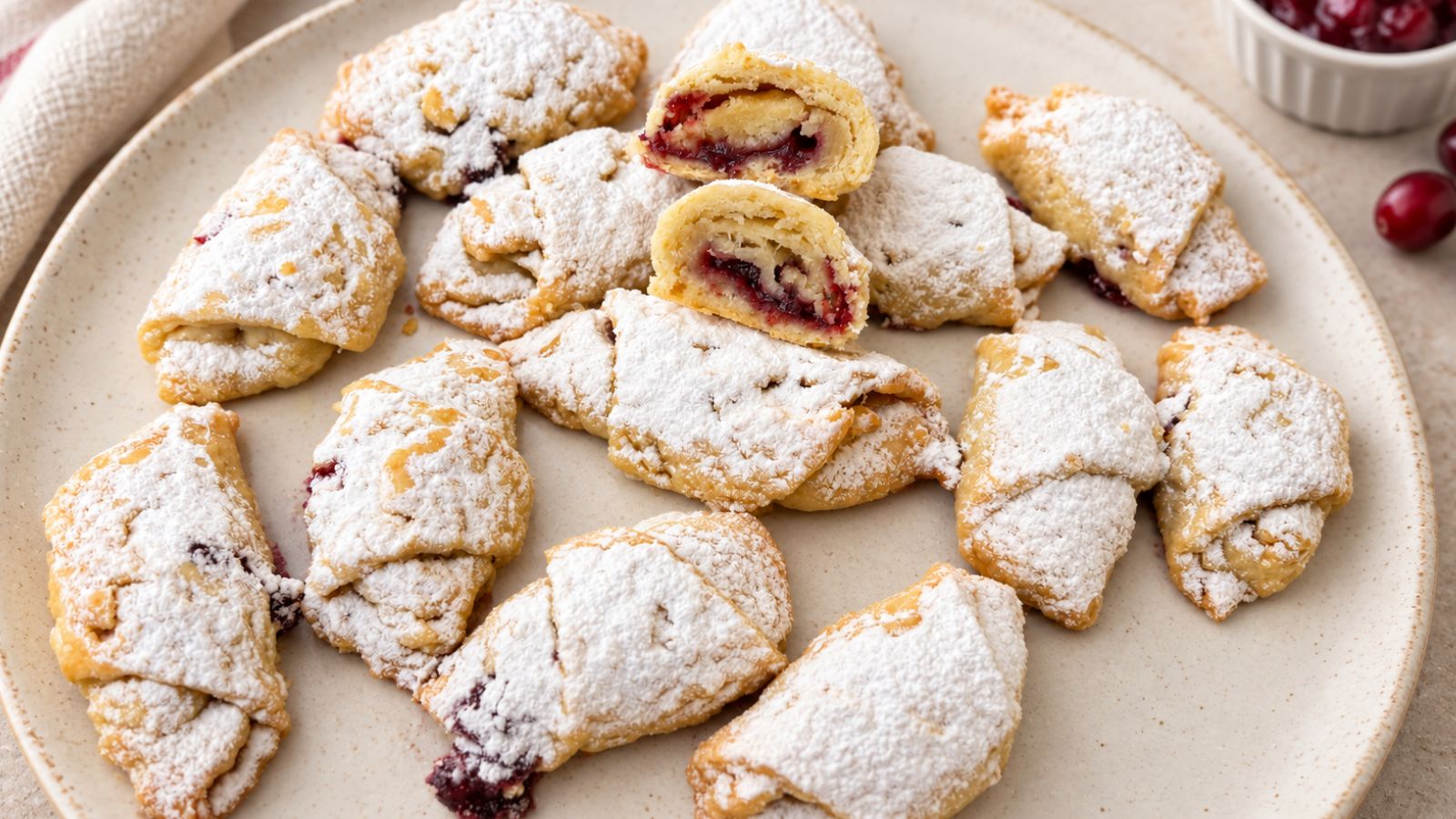 Jam filled crescent cookies dusted with powdered sugar, with one cut open to reveal the cranberry jam filling.