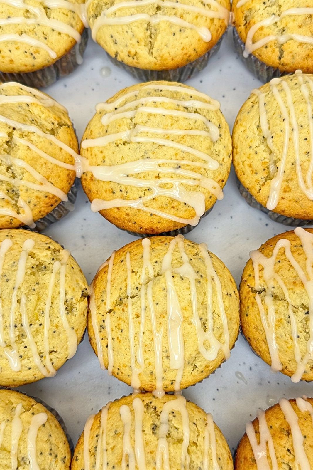 Lemon poppy seed muffins drizzled with lemon glaze, arranged on a platter and viewed from above.