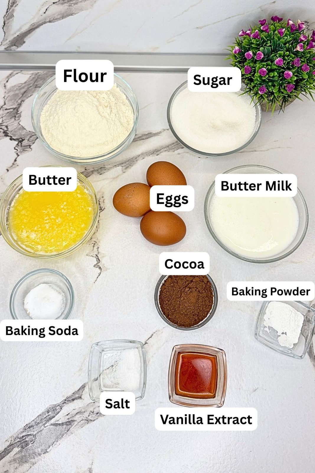 Ingredients for marble loaf cake in labeled bowls, including flour, sugar, butter, eggs, buttermilk, cocoa powder, baking powder, baking soda, salt, and vanilla extract.