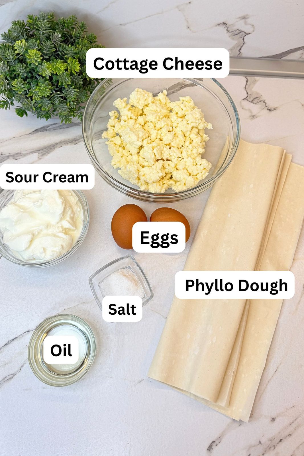 Ingredients for phyllo cheese rolls: cottage cheese, sour cream, eggs, salt, oil, and phyllo dough arranged on a marble countertop.