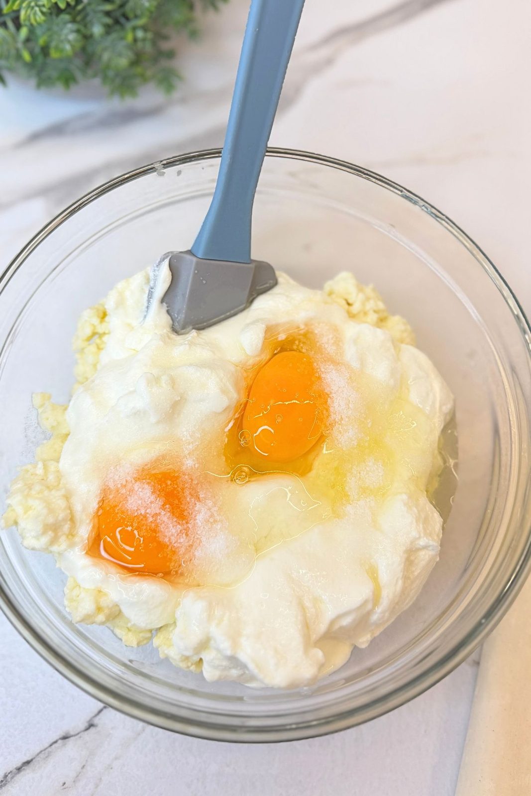 Cottage cheese, sour cream, eggs, and salt in a glass bowl, ready to mix for the phyllo cheese roll filling.