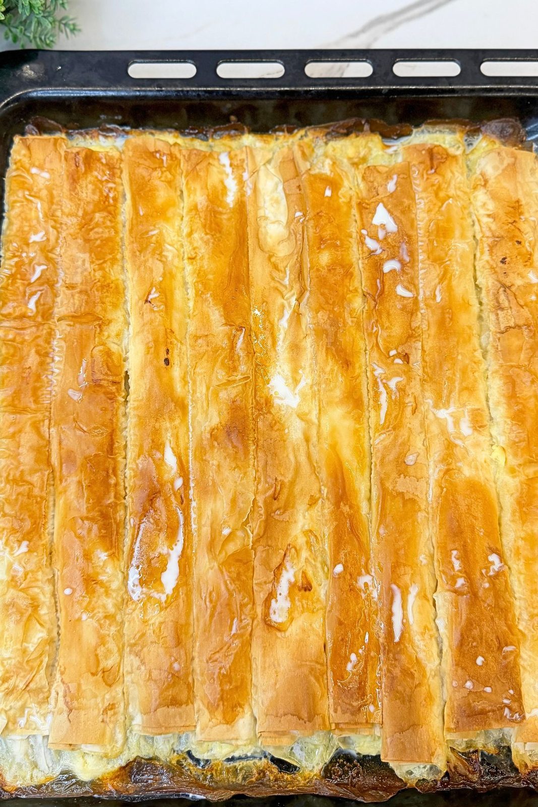 Freshly baked phyllo cheese rolls with golden, flaky tops in a black baking pan.