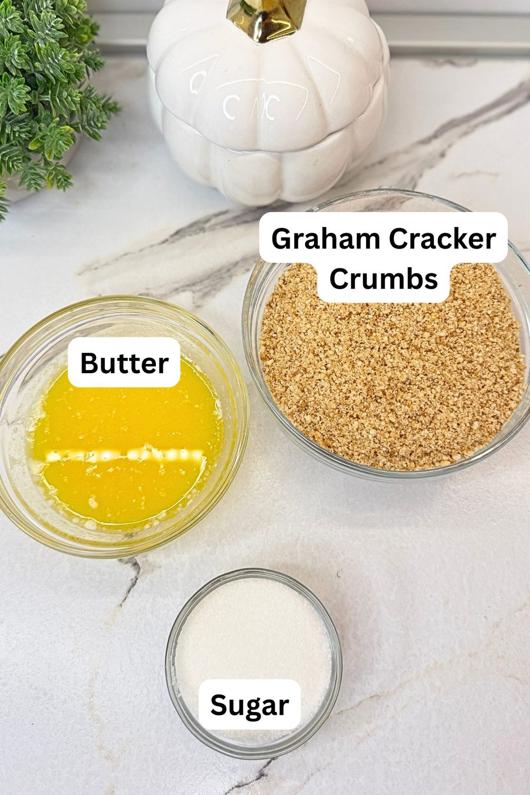Graham cracker crumbs, melted butter, and sugar measured out for the pumpkin cheesecake crust.