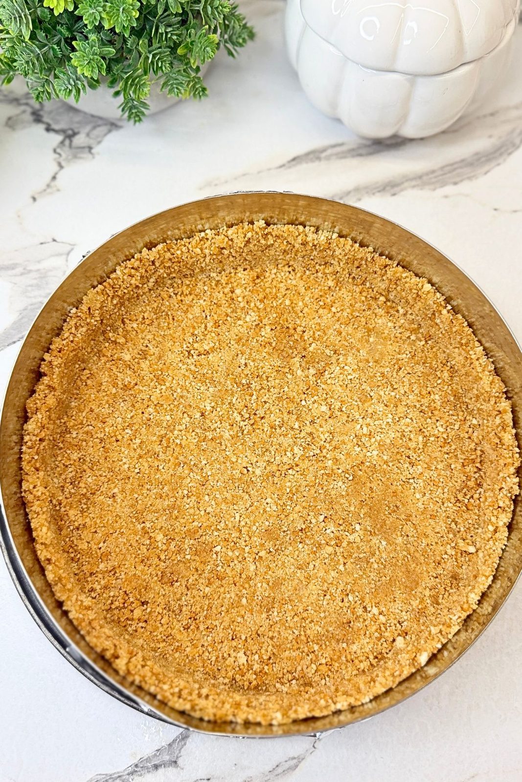 Graham cracker crust pressed into the bottom and sides of a springform pan.