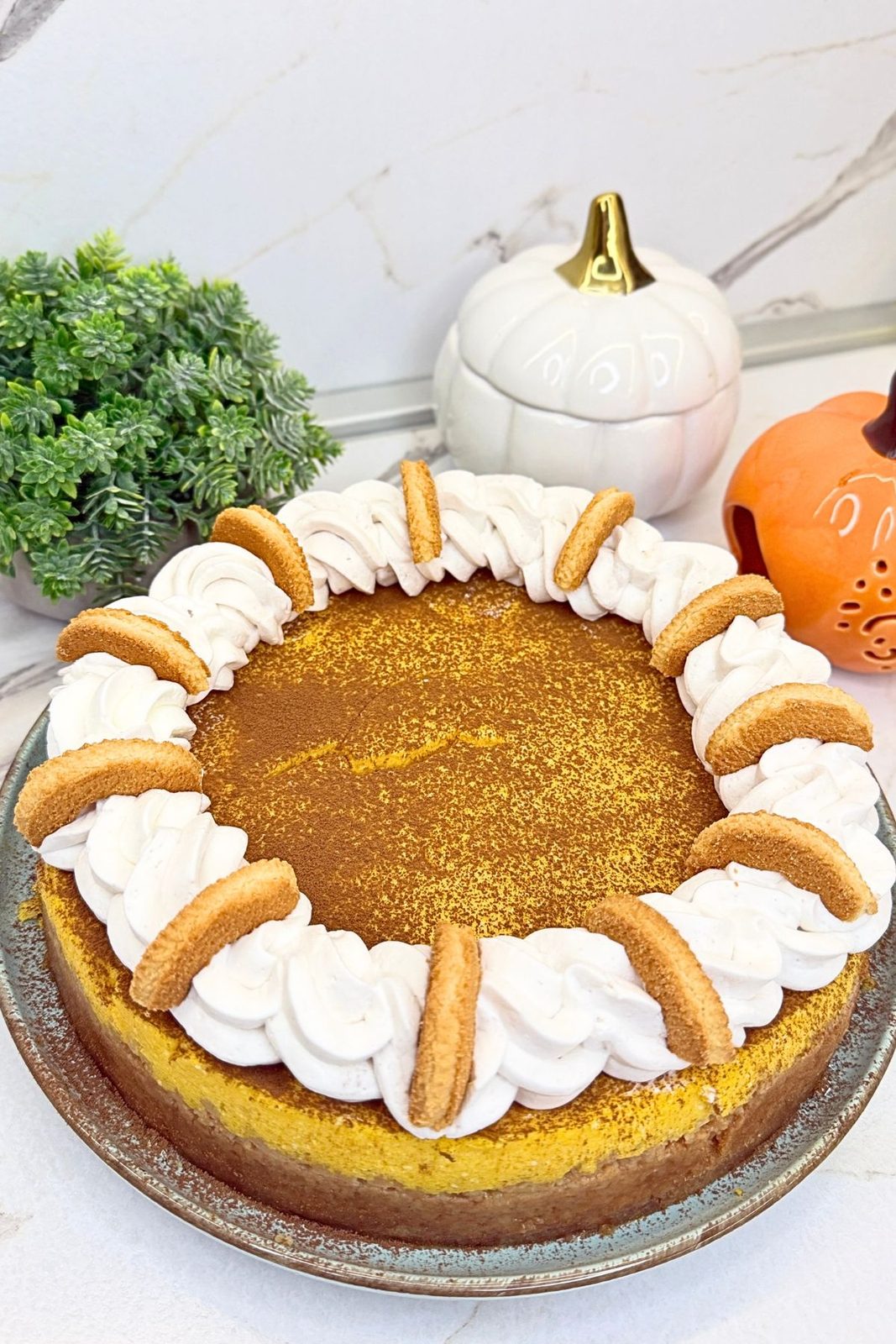 Whole pumpkin cheesecake decorated with whipped cream swirls, cinnamon, and cookies.