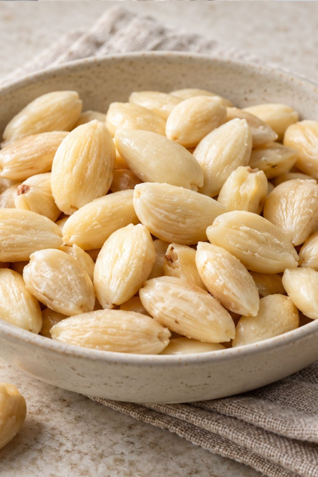 Close-up of whole blanched almonds with their skins removed in a ceramic bowl on a linen cloth.