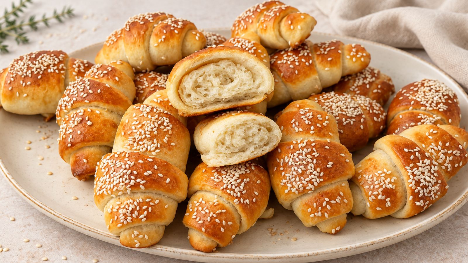 Homemade crescent rolls topped with sesame seeds on a light platter, with a split roll showing the soft, fluffy interior.