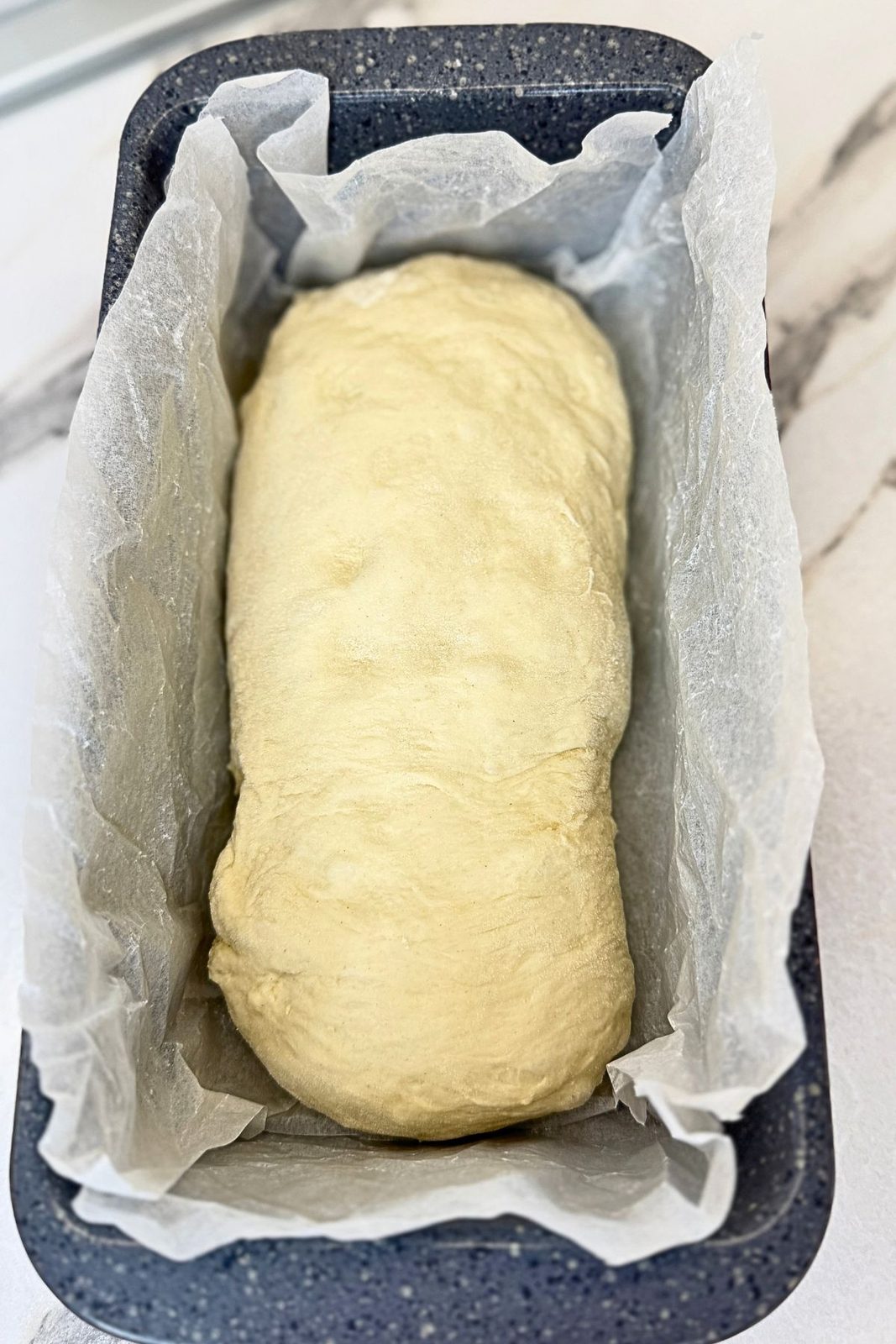 Shaped sandwich bread dough in a parchment-lined loaf pan before the second rise.