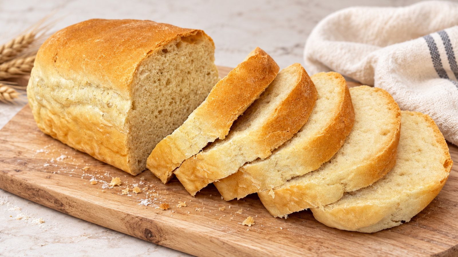Homemade sandwich bread with a golden crust and soft interior, sliced on a wooden cutting board.