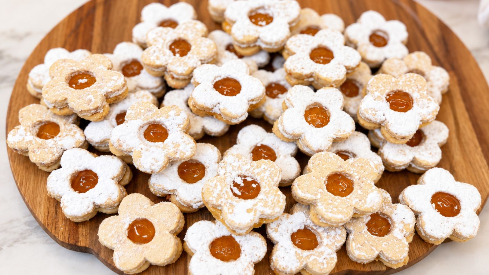 Flower-shaped Linzer cookies filled with apricot jam and dusted with powdered sugar on a wooden serving board.