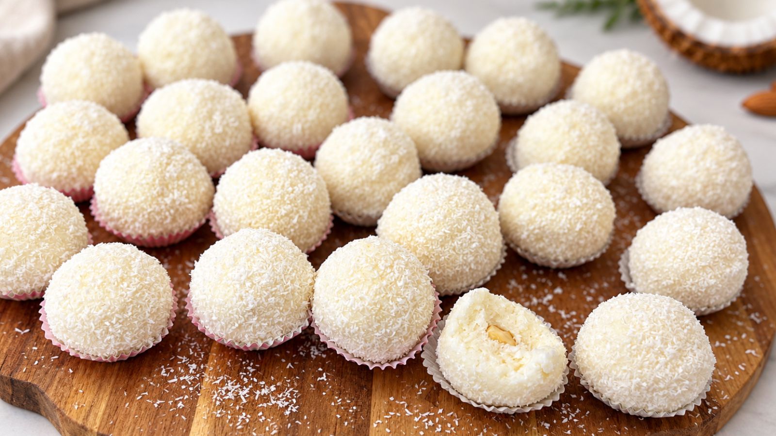 Homemade Raffaello coconut balls on a wooden board, with one split open to reveal the creamy coconut filling and almond center.