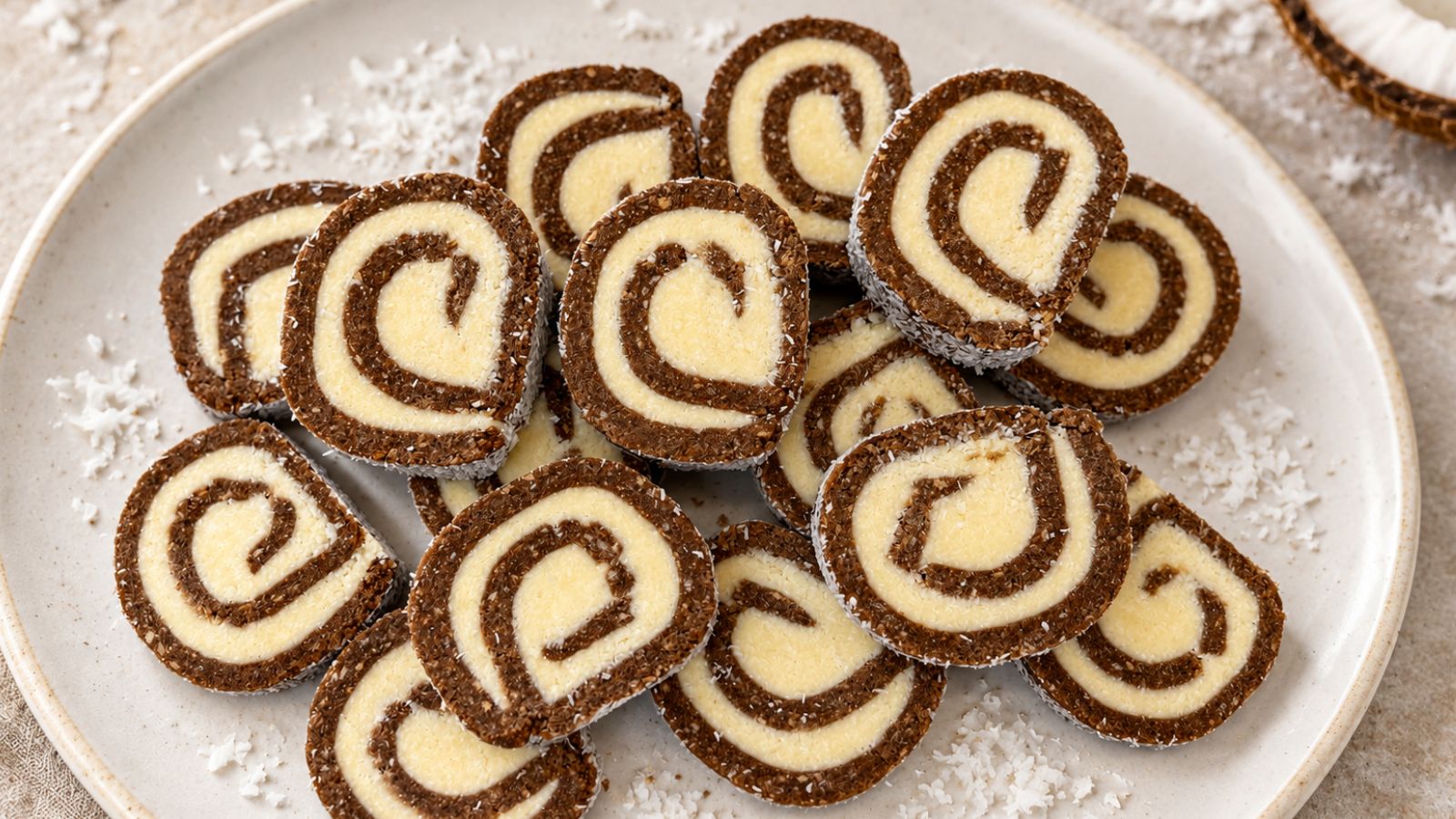 No-bake chocolate coconut roll slices stacked on a plate, showing cocoa cookie layers, white coconut filling, and a coconut coating.