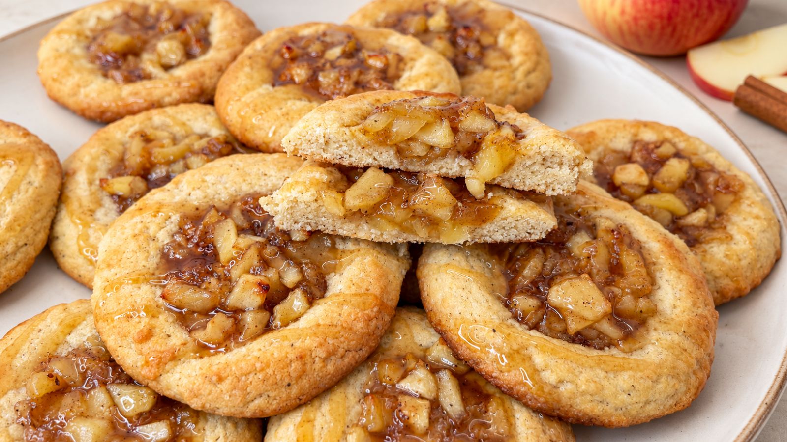 Apple pie cookies with cinnamon apple filling and caramel drizzle, with two cookie halves stacked on top to show the soft centers.
