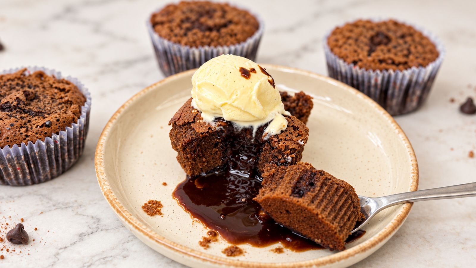 Chocolate lava cakes with molten chocolate centers in muffin liners, with one broken open on a plate and topped with vanilla ice cream.