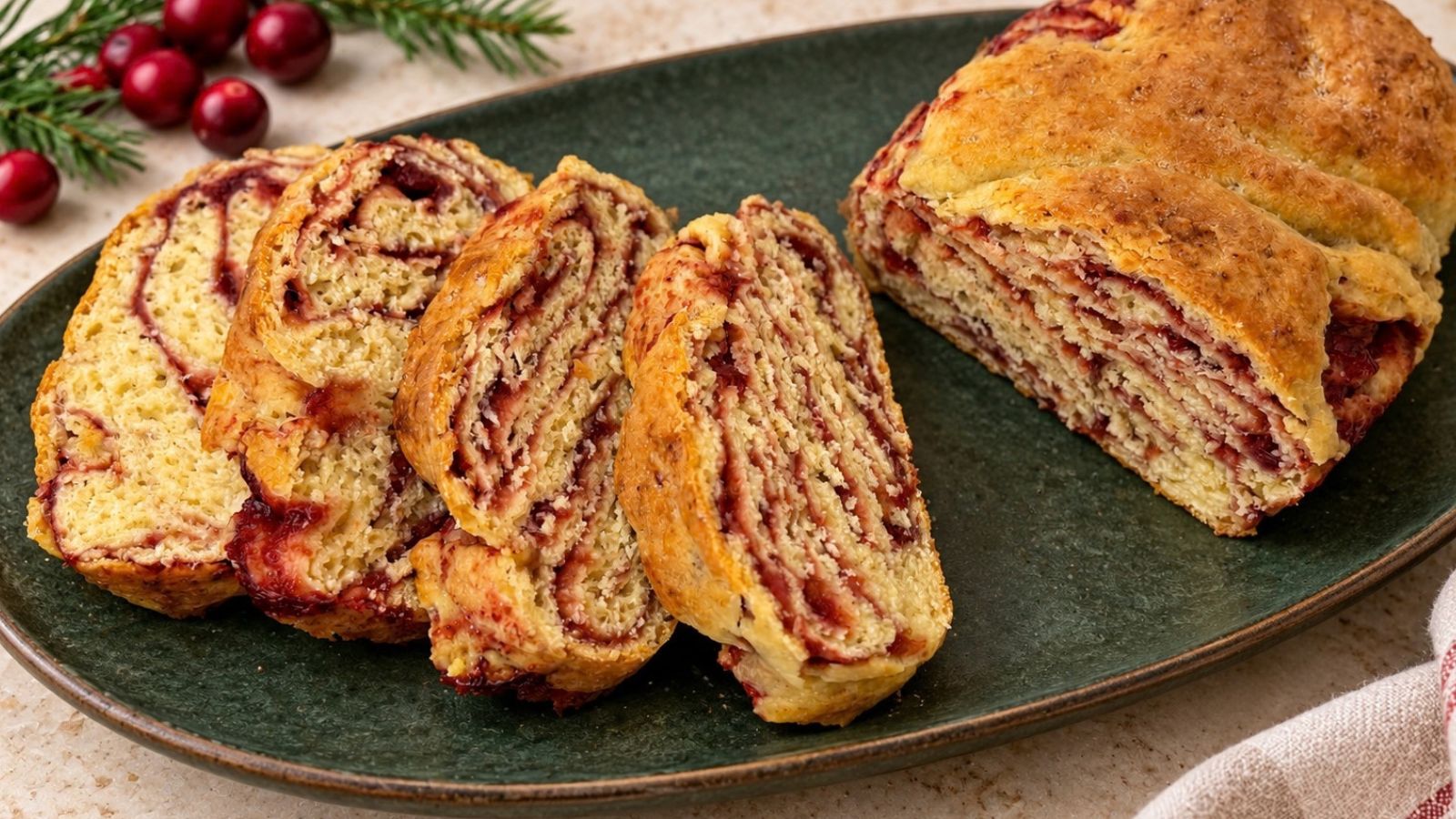 Sliced cranberry bread with cranberry jam swirls and a golden crust on a dark green platter.