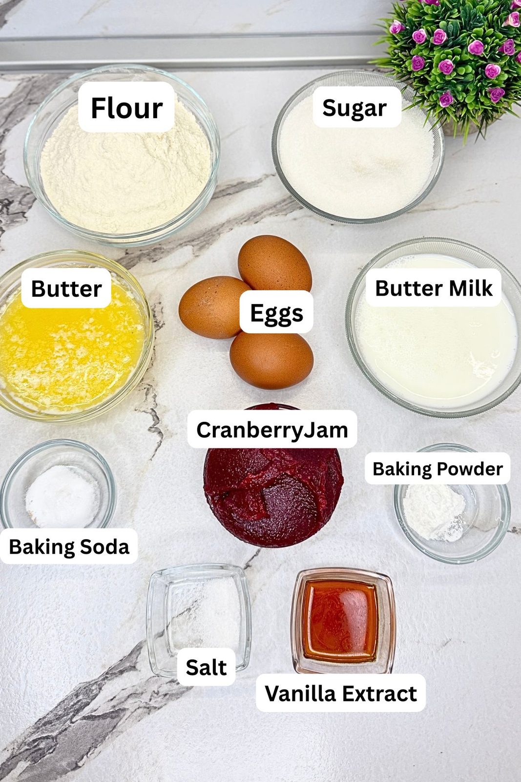 Ingredients for cranberry loaf cake arranged on a marble countertop: flour, sugar, melted butter, eggs, buttermilk, cranberry jam, baking powder, baking soda, salt, and vanilla extract.