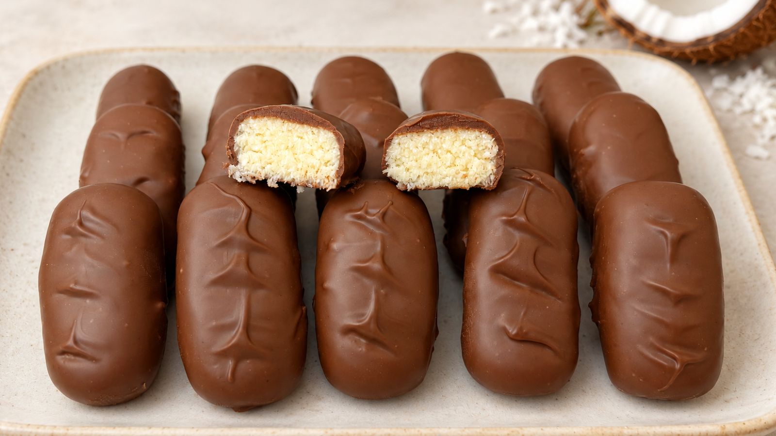 Homemade bounty bars coated in milk chocolate on a cream platter, with two cut halves showing the coconut filling.
