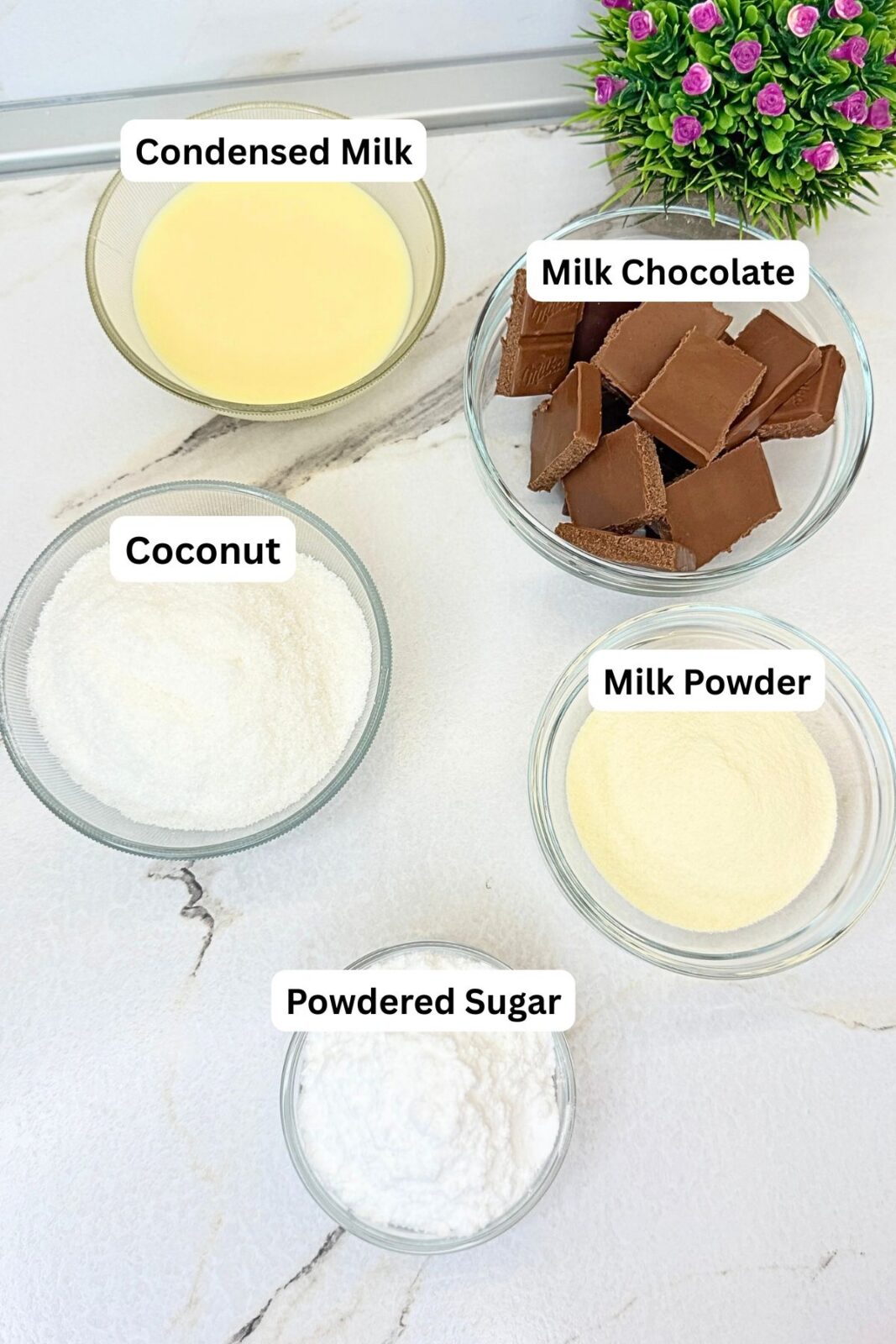 Ingredients for homemade bounty bars: sweetened condensed milk, powdered sugar, desiccated coconut, milk powder, and milk chocolate in bowls on a marble surface.