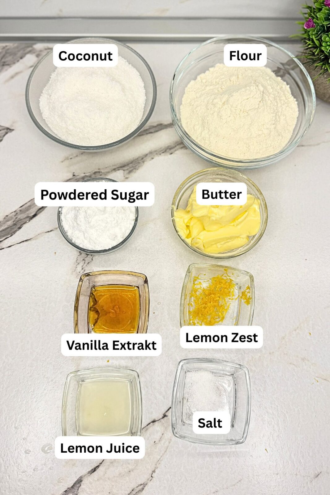 Ingredients for lemon coconut shortbread cookies in labeled bowls, including coconut, flour, powdered sugar, butter, vanilla extract, lemon zest, lemon juice, and salt.