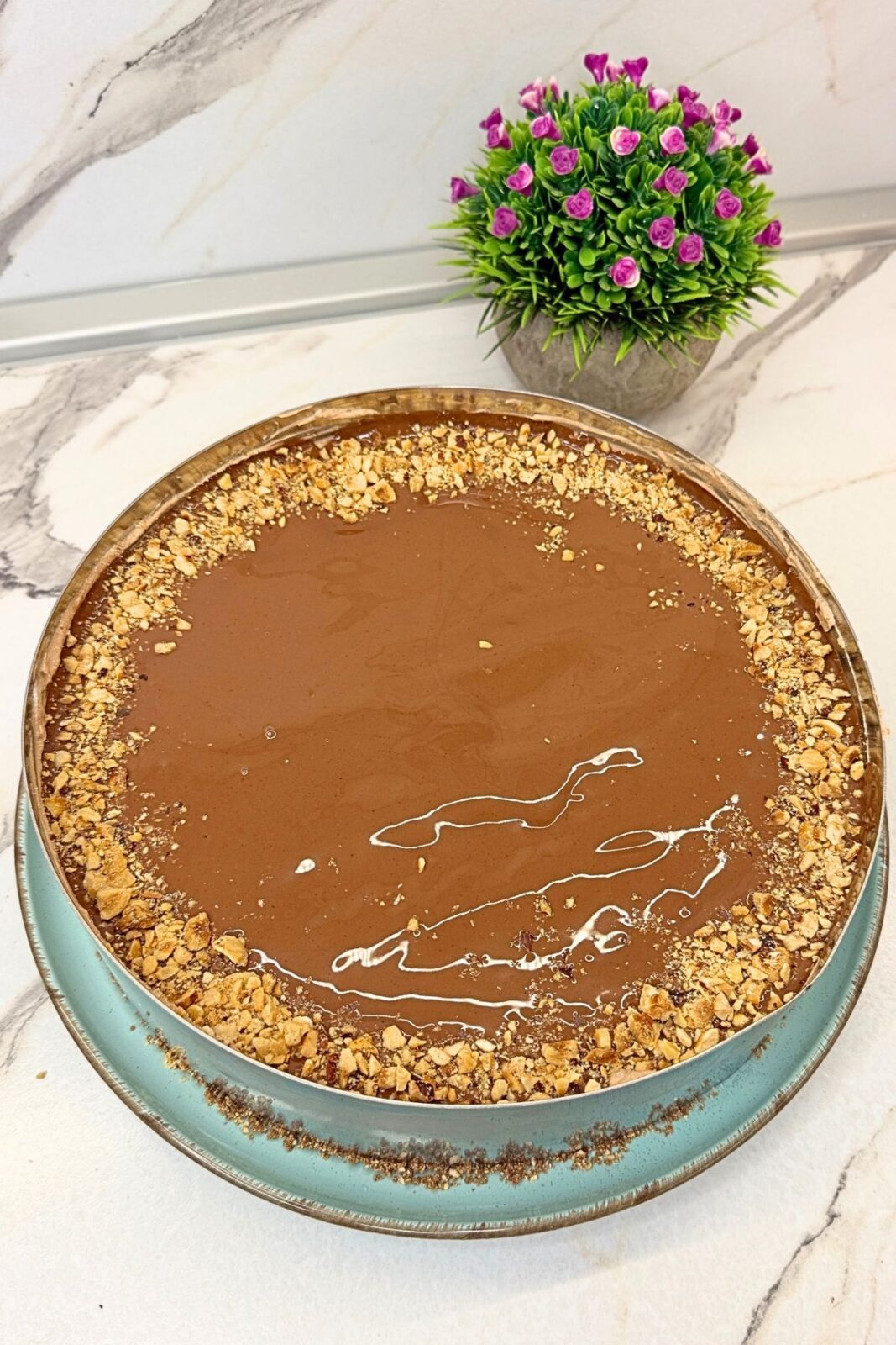 No-bake Ferrero Rocher cake finished with a chocolate topping and chopped hazelnuts around the edge.