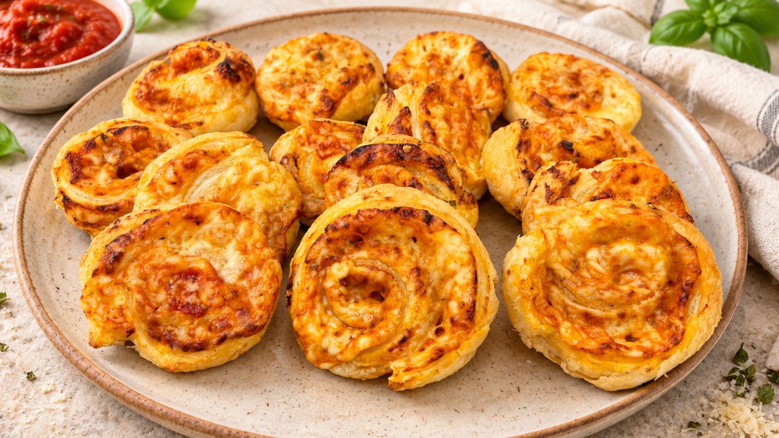 Golden puff pastry pizza rolls filled with melted cheese and pizza sauce on a ceramic platter, with a bowl of pizza sauce on the side.