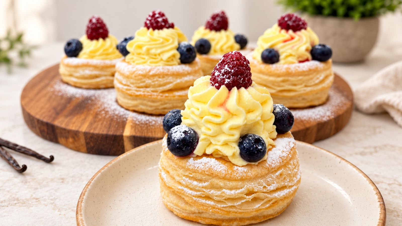 Puff pastry cups filled with vanilla cream, topped with blueberries and raspberries, and dusted with powdered sugar.